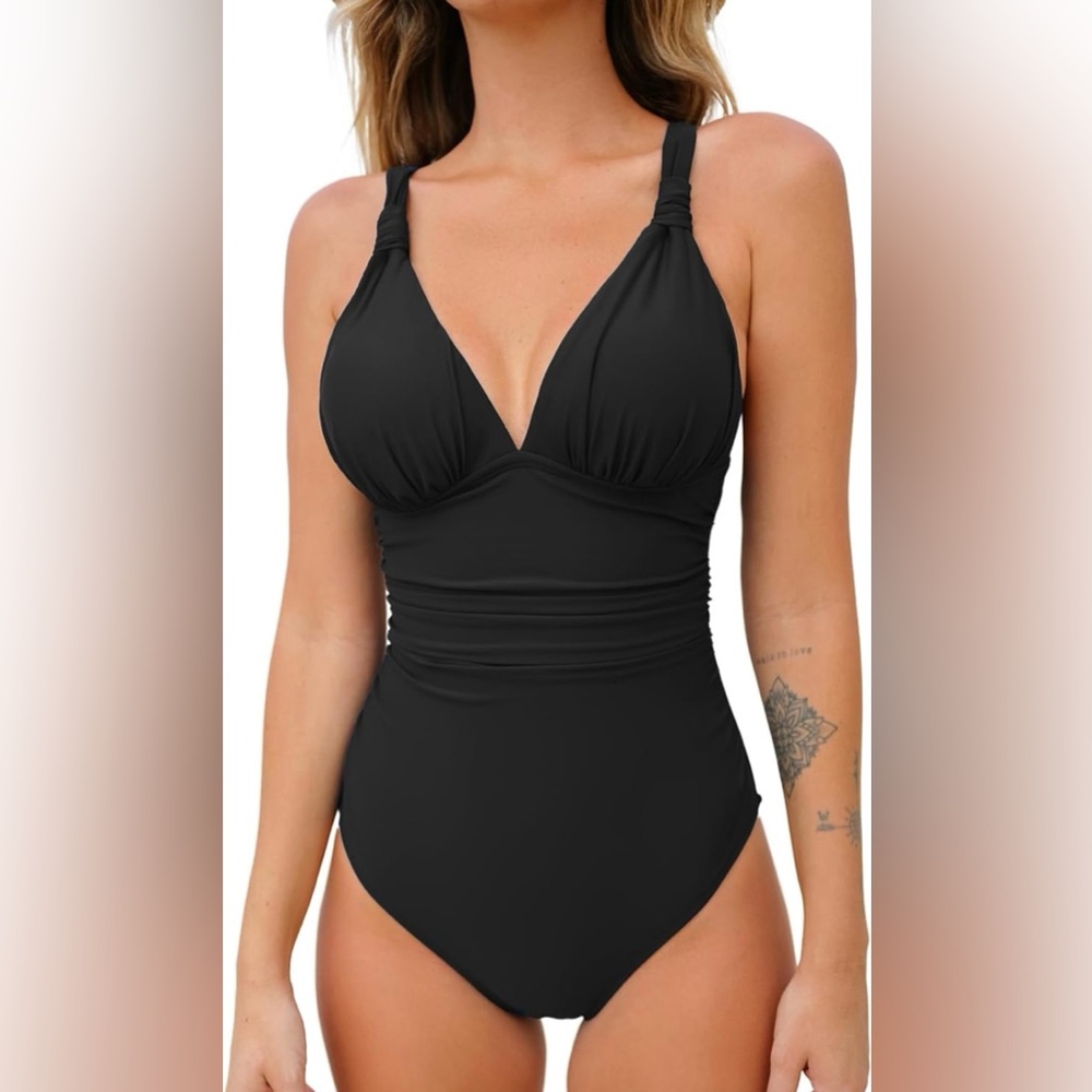 NWT CUPSHE One Piece Swimsuit Deep V Neck Tummy Control Ruched V Back